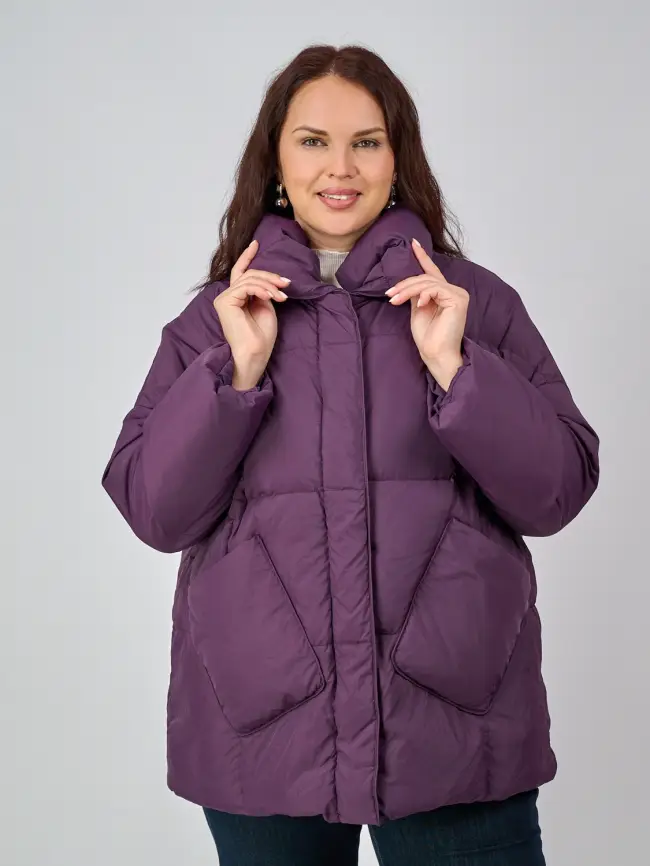 Пуховик женский с шарфом 8358 Размер 50-58 (виноград) Уценка фото 1