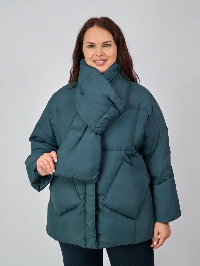 Пуховик женский с шарфом 8358 Размер 50-58 (петроль) Уценка фото 1
