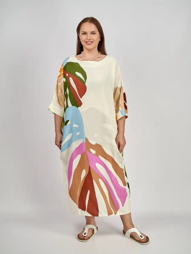 Платье лист Монстеры (молоко) 2321-1 Размер 48-58 Уценка фото 1