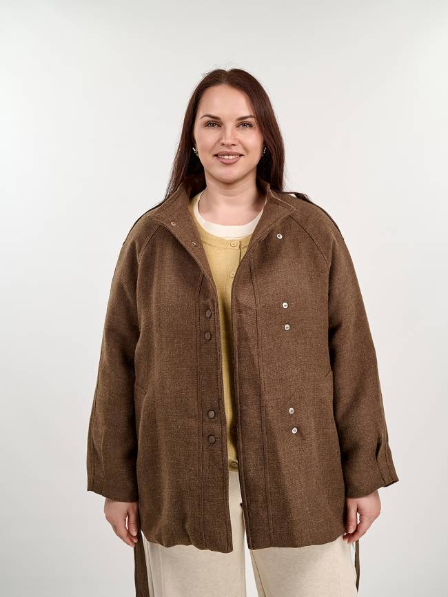 Коричневое пальто plus size свободного силуэта