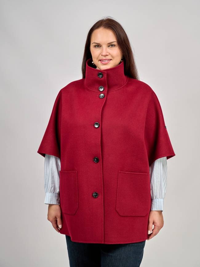 Бордовое пальто plus size с высоким воротником